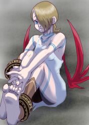 Rule 34 | 1girl, barefoot, blonde hair, blue eyes, bracelet, breath of fire, breath of fire v, dress, facial mark, feet, full-body tattoo, full body, hair over one eye, highres, jewelry, looking at viewer, nina (breath of fire v), red wings, satori ill, see-through, short hair, simple background, solo, tattoo, white dress, wings