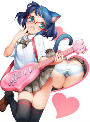 Rule 34 | 10s, 1girl, animal ears, ass, ataruman, black hair, black thighhighs, blush, breasts, butt crack, cat ears, cat tail, clothes lift, cyan (show by rock!!), fang, glasses, green eyes, guitar, hand to own mouth, heart, highres, instrument, lifted by tail, open mouth, panties, school uniform, show by rock!!, skirt, skirt lift, small breasts, solo, strawberry heart (show by rock!!), tail, thighhighs, underwear, white panties