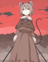 Rule 34 | 1girl, akagashi hagane, alternate costume, animal, animal ears, brown dress, cloud, dowsing rod, dress, empty eyes, expressionless, fur trim, grey hair, holding, jewelry, long sleeves, mouse (animal), mouse ears, mouse tail, nazrin, pendant, red eyes, red sky, short hair, sky, solo, tail, touhou, winter clothes