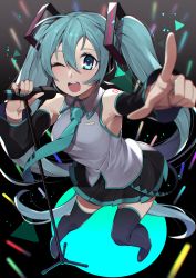 Rule 34 | 1girl, ;d, absurdres, aqua eyes, aqua hair, aqua nails, aqua necktie, black skirt, black thighhighs, blush, detached sleeves, full body, hair between eyes, hatsune miku, highres, holding, holding microphone, huge filesize, kameno sachi, long hair, looking at viewer, microphone, nail polish, necktie, one eye closed, open mouth, pleated skirt, skirt, smile, solo, standing, thighhighs, twintails, vocaloid, zettai ryouiki