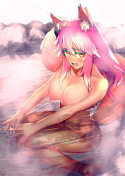 Rule 34 | 10s, 1girl, :d, absurdres, animal ears, ass, bathing, blush, breasts, cleavage, fang, fate/extra, fate (series), fox ears, fox tail, highres, kujuu shikuro, large breasts, long hair, looking at viewer, nipples, nude, onsen, open mouth, pink hair, sitting, smile, solo, tail, tamamo (fate), tamamo no mae (fate/extra), yellow eyes