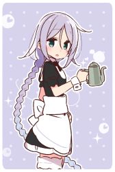 Rule 34 | 1girl, alternate costume, apron, black dress, blue eyes, braid, commentary request, cowboy shot, dress, frilled apron, frills, green eyes, kantai collection, long hair, looking at viewer, mole, mole under eye, parted bangs, pitcher (container), purple background, silver hair, single braid, solo, thighhighs, umikaze (kancolle), very long hair, waist apron, waitress, white apron, white thighhighs, wrist cuffs, yoru nai