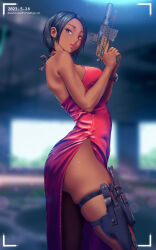 Rule 34 | 1girl, a.x., absurdres, ada wong, alternate skin color, ass, blue eyes, breasts, dark-skinned female, dark skin, dated, dress, from side, gun, hair behind ear, heterochromia, highres, holding, holding gun, holding weapon, holster, holstered, laser sight, medium breasts, parted lips, red dress, red eyes, resident evil, short hair, skindentation, solo, thigh holster, thigh strap, trigger discipline, viewfinder, weapon