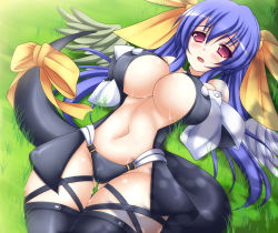 Rule 34 | 1girl, arc system works, blue hair, blush, breasts, cleavage, dizzy (guilty gear), female focus, grass, guilty gear, large breasts, long hair, lying, mikan (5555), nature, plant, red eyes, solo, tail, wings