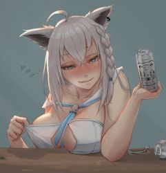 Rule 34 | 1girl, :q, absurdres, ahoge, bare shoulders, beer can, blush, braid, breasts, can, center opening, clothes pull, drink can, drunk, fox girl, french braid, hair between eyes, highres, holding, holding can, hololive, large breasts, long hair, looking at viewer, myth1carts, naughty face, no bra, nose blush, off shoulder, revealing clothes, sailor collar, shirakami fubuki, shirakami fubuki (1st costume), shirt, shirt pull, side braid, solo, tongue, tongue out, virtual youtuber, white hair, white sailor collar, white shirt