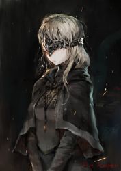 Rule 34 | 1girl, black theme, blindfold, breasts, capelet, character name, closed mouth, dark souls (series), dark souls i, dark souls iii, expressionless, fire keeper, grey hair, hxxg, long hair, medium breasts, solo, upper body, wavy hair