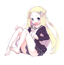 Rule 34 | 10s, 1girl, :d, barefoot, blonde hair, blue eyes, blush, cardigan, fangs, feet, full body, hair ornament, hairclip, hana n. fountainstand, hanayamata, legs, long hair, looking at viewer, open cardigan, open clothes, open mouth, plaid, plaid skirt, school uniform, simple background, skirt, smile, solo, tarabagani, white background