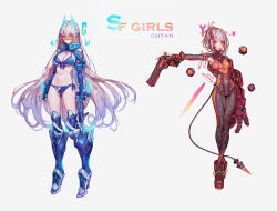 Rule 34 | 2girls, absurdres, armored boots, bikini, bodysuit, boots, breasts, cable, cable tail, chyan, cleavage, fingerless gloves, flat chest, gloves, grey hair, hair ornament, hairband, hairclip, highres, large breasts, legs, long hair, mecha musume, mechanical tail, multiple girls, original, red eyes, short hair, swimsuit, tail, tongue, very long hair, weapon