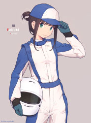 Rule 34 | 1girl, bad id, bad twitter id, brown hair, character name, cowboy shot, dated, fubuki (kancolle), gloves, green eyes, green gloves, grey background, hat, helmet, highres, holding, holding helmet, kantai collection, medium hair, nakaaki masashi, official alternate costume, racing suit, sidelocks, simple background, solo, standing, unworn headwear