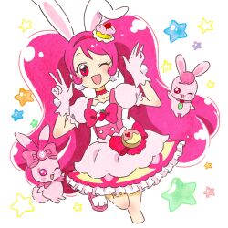 Rule 34 | 1girl, ;d, animal ears, blush, bow, cake, cake hair ornament, choker, commentary request, cure whip, dress, earrings, extra ears, flower, food, food-themed hair ornament, food-themed ornament, fruit brooch, gloves, hair ornament, healin&#039; good precure, healing animal, hoppetoonaka3, jewelry, kirakira precure a la mode, long hair, magical girl, one eye closed, open mouth, pink choker, pink corset, pink eyes, pink footwear, pink hair, pom pom (clothes), pom pom earrings, precure, rabbit, rabbit ears, rabirin (precure), sharuru (dokidoki! precure), simple background, smile, star (symbol), strawberry brooch, strawberry shortcake, twintails, usami ichika, v