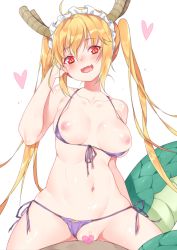 Rule 34 | 10s, 1girl, :d, ahoge, arm at side, bare shoulders, bikini, bikini bottom aside, bikini top aside, blonde hair, blush, breasts, breasts out, censored, clothing aside, collarbone, cowgirl position, dragon girl, dragon tail, female pubic hair, front-tie bikini top, front-tie top, hand in own hair, head tilt, heart, heart censor, hetero, kobayashi-san chi no maidragon, long hair, looking at viewer, maid headdress, md5 mismatch, medium breasts, navel, nipples, open mouth, pubic hair, purple bikini, purple ribbon, red eyes, revision, ribbon, scales, sela (08180074), sex, shiny skin, side-tie bikini bottom, simple background, skindentation, slit pupils, smile, solo focus, spread legs, stomach, straddling, swimsuit, tail, tohru (maidragon), transparent censoring, twintails, vaginal, very long hair, white background