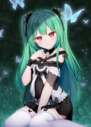Rule 34 | 1girl, animal, bare shoulders, between legs, black collar, black dress, black ribbon, blush, breasts, bug, butterfly, chain, chrisandita, closed mouth, collar, dress, frilled thighhighs, frills, green hair, hair ribbon, hand between legs, hand up, highres, hololive, insect, looking at viewer, red eyes, ribbon, see-through, sitting, skull, small breasts, solo, thighhighs, twitter username, two side up, uruha rushia, uruha rushia (3rd costume), virtual youtuber, wariza, white thighhighs