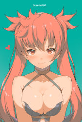 Rule 34 | 1girl, arcana heart, bare shoulders, blue background, blush, breasts, character name, cleavage, closed mouth, collarbone, commentary request, halterneck, heart, highres, large breasts, long hair, miurahha, orange eyes, red hair, revealing clothes, scharlachrot, simple background, skindentation, smile, solo, twintails, upper body