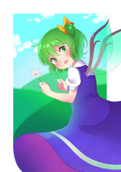 Rule 34 | 1girl, blue dress, blue sky, bow, cloud, daisy, daiyousei, dress, fairy wings, flower, green eyes, green hair, hair bow, highres, hill, looking at viewer, looking back, open mouth, puffy short sleeves, puffy sleeves, short sleeves, side ponytail, sky, solo, surprised, touhou, transparent wings, wings, yellow bow, yuujin (mhhnp306), yuujin (yuzinn333)