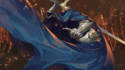 Rule 34 | 1boy, a knight (reverse:1999), armor, artist name, blue cape, cape, character name, chinese commentary, elyoncat, embers, english text, gauntlets, highres, holding, holding instrument, holding sword, holding weapon, horn (instrument), incoming attack, instrument, invisible, male focus, ornate armor, polearm, reverse:1999, sword, war, weapon