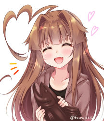 Rule 34 | 1girl, ^ ^, ahoge, alternate costume, brown hair, chocolate, closed eyes, collarbone, fang, heart, highres, holding, huge ahoge, kantai collection, ko yu, kuma (kancolle), long hair, long sleeves, open mouth, simple background, smile, solo, twitter username, white background