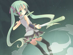 Rule 34 | 1girl, bad id, bad pixiv id, detached sleeves, female focus, gradient background, green eyes, green hair, hatsune miku, long hair, matching hair/eyes, sie-sie, skirt, solo, spring onion, thighhighs, twintails, very long hair, vocaloid