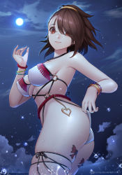 Rule 34 | 1girl, :3, adjusting clothes, adjusting swimsuit, artist name, ass, bare arms, bare shoulders, black ribbon, bracelet, breasts, brown hair, closed mouth, cloud, eyes visible through hair, full moon, hair over one eye, hand up, heart, horizon, jewelry, jurrig, leg ribbon, leg tattoo, looking at viewer, medium breasts, moon, night, night sky, o-ring, ocean, original, outdoors, red eyes, ribbon, short hair, short ponytail, skindentation, sky, smile, solo, sparkle, star (sky), starry sky, swimsuit, tattoo, thigh ribbon, underboob, water drop, watermark, web address