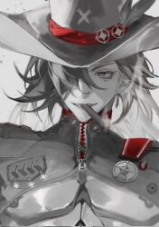 Rule 34 | 1boy, boothill (honkai: star rail), cigar, ear piercing, earrings, greyscale, hair over one eye, hat, hat feather, highres, honkai: star rail, honkai (series), jewelry, limited palette, long hair, male focus, mayu mey, monochrome, multicolored hair, piercing, police badge, portrait, simple background, smoke, smoking, solo, split-color hair, two-tone hair