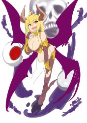 Rule 34 | 1girl, absurdres, blonde hair, blush, boots, breasts, cleavage, demon girl, demon wings, elbow gloves, gloves, highres, horns, huge breasts, kirome (kamipaper), open mouth, saaya (kirome), skull, solo, twintails, wings