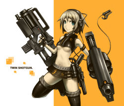 Rule 34 | 1girl, aqua eyes, bare shoulders, blonde hair, boots, breasts, dual wielding, gia, grenade launcher, gun, hands on own hips, headphones, holding, midriff, multi-weapon, navel, original, revolver grenade launcher, sleeveless, sleeveless turtleneck, smile, solo, thigh boots, thighhighs, turtleneck, underbarrel rifle, underboob, weapon, zipper