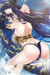 Rule 34 | 1girl, alternate breast size, artist request, ass, asymmetrical sleeves, back, bad id, bad pixiv id, bare shoulders, barefoot, bikini, black bikini, black hair, breasts, butt crack, cameltoe, crown, day, detached collar, earrings, fate/grand order, fate (series), from behind, gold, hair ribbon, highres, hoop earrings, ishtar (fate), jewelry, large breasts, long hair, looking at viewer, looking back, mismatched bikini, neck ring, red eyes, ribbon, shiny skin, sideboob, solo, sparkle, swimsuit, thighs, thong, two side up, uneven sleeves, very long hair, white bikini
