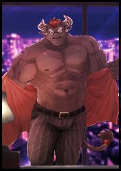 Rule 34 | 1boy, abs, absurdres, animal ears, bara, bare pectorals, brown fur, bulge, city lights, cityscape, cow ears, cow horns, facial hair, feet out of frame, fu ren chi, furry, furry male, goatee stubble, gyumao (housamo), highres, horns, large pectorals, looking at viewer, male focus, mature male, minotaur, mohawk, muscular, muscular male, navel, navel hair, nipples, open clothes, open shirt, opened by self, pants, pectorals, sanpaku, scar, scar on face, scar on nose, seductive smile, short hair, smile, solo, stomach, striped clothes, striped pants, strongman waist, stubble, thick eyebrows, tokyo houkago summoners, undressing, v-shaped eyebrows, vertical-striped clothes, vertical-striped pants, window