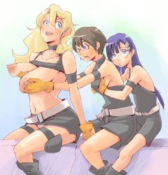 Rule 34 | 00s, 3girls, bike shorts, blonde hair, grabbing another&#039;s breast, breast hold, breasts, brown hair, clothes lift, flat chest, from behind, glasses, gloves, grabbing, huge breasts, incest, kinon bachika, kiyal bachika, kiyoh bachika, long hair, midriff, multiple girls, purple hair, shirt lift, short hair, siblings, sisters, tengen toppa gurren lagann, thigh strap, yuri