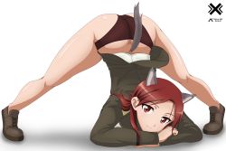 Rule 34 | 1girl, absurdres, acrux, animal ears, ass, blush, butt crack, dated, dog ears, dog tail, highres, jack-o&#039; challenge, long hair, looking at viewer, military, military uniform, minna-dietlinde wilcke, panties, red eyes, red hair, red panties, simple background, smile, solo, strike witches, tail, top-down bottom-up, underwear, uniform, white background, world witches series