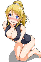 Rule 34 | 10s, 1girl, ayase eli, barefoot, blonde hair, blue eyes, blush, breasts, cleavage, front zipper swimsuit, highres, large breasts, love live!, love live! school idol project, meme attire, one-piece swimsuit, ponytail, simple background, solo, swimsuit, tjk, wavy mouth, white background, yopparai oni