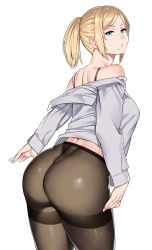 Rule 34 | 1girl, ass, bare shoulders, black bra, black pantyhose, blonde hair, blue eyes, bra, character request, crotch seam, highres, long hair, looking at viewer, looking back, mole, mole under mouth, no panties, open clothes, original, pantyhose, ponytail, shiny skin, simple background, solo, standing, thighband pantyhose, underwear, white background, zonda (solid air)