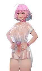 Rule 34 | 1girl, ahoge, blue hair, blush, bottomless, bow (bhp), bracelet, breasts, collar, collarbone, earrings, fang, hair between eyes, hands on own hips, heart, idolmaster, idolmaster cinderella girls, jewelry, large breasts, long hair, multicolored hair, naked shirt, nipples, no bra, open mouth, pill earrings, pink collar, pink eyes, pink hair, pussy, ring, see-through, shirt, short hair, short sleeves, simple background, smile, solo, sweatdrop, t-shirt, two-tone hair, uterus, white background, white shirt, yumemi riamu