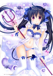 Rule 34 | 1girl, :o, absurdres, ahoge, babydoll, bat (animal), black hair, blue bow, blue bowtie, blue flower, blue frills, blue panties, blush, bow, bow legwear, bowtie, breasts, cameltoe, chibi, cleavage, creature, demon girl, demon horns, demon tail, e 2, eyes visible through hair, fang, flower, frilled babydoll, frilled bow, frilled panties, frills, gluteal fold, gradient background, hair between eyes, hair bow, hair flower, hair ornament, hairclip, heart, heart background, highres, holding, horns, korie riko, long hair, looking at viewer, magazine scan, medium breasts, navel, official art, original, panties, pigeon-toed, polearm, print babydoll, purple background, purple eyes, purple theme, scan, skindentation, solo, standing, star (symbol), star print, starry background, tail, thighhighs, tongue, translation request, trident, twintails, underwear, underwear only, weapon, white babydoll, white background, white frills, white thighhighs, wrist bow
