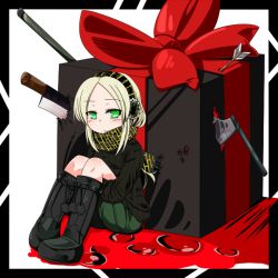Rule 34 | arrow (projectile), axe, blonde hair, blood, bow, bow (weapon), gift, green eyes, headband, image sample, machete, new years (artist), original, pixiv sample, remiria27, ribbon, sweater, sword, weapon