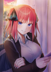 Rule 34 | 1girl, aboreen, bag, black cardigan, black ribbon, blue eyes, blunt bangs, blush, breasts, butterfly hair ornament, cardigan, cellphone, collared shirt, commentary, curtains, go-toubun no hanayome, grin, hair ornament, hair ribbon, holding, holding phone, indoors, large breasts, long sleeves, looking at viewer, multicolored nails, nail polish, nakano nino, open cardigan, open clothes, phone, pink hair, ribbon, school bag, shirt, short hair, sidelocks, smartphone, smile, solo, standing, teeth, twilight, two side up, upper body, white shirt, window