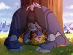 Rule 34 | !, 1boy, absurdres, anal fingering, ass, blonde hair, bodysuit, bulge, covered penis, covered testicles, erection, erection under clothes, feet, fingering, fingering through clothes, guardian (zelda), heart, highres, levidu99, link, male focus, male masturbation, mask, masturbation, masturbation through clothes, mouth mask, nintendo, outdoors, pointy ears, precum, precum string, precum through clothes, robot, shade, soles, solo focus, stealth set (zelda), the legend of zelda, the legend of zelda: breath of the wild, through clothes, top-down bottom-up, trap, tree, trembling, view between legs