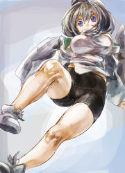 Rule 34 | 1girl, bike shorts, blue eyes, breasts, detached collar, from below, grey hair, hat, impossible clothes, impossible shirt, japanese clothes, kariginu, medium breasts, mononobe no futo, shirt, shoes, side ponytail, solo, tate eboshi, touhou, v-shaped eyebrows, wide sleeves, yohane