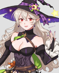 Rule 34 | 1girl, bare shoulders, belt, black dress, black hat, bodice, breasts, bridal gauntlets, cleavage, commentary request, corrin (female) (fire emblem), corrin (fire emblem), crossed belts, detached collar, dress, earrings, fingernails, fire emblem, fire emblem fates, fire emblem heroes, grey hair, hair between eyes, halloween, halloween costume, hat, highres, jewelry, large breasts, long hair, looking at viewer, moon (ornament), nail polish, nintendo, off shoulder, official alternate costume, open mouth, peach11 01, pointy ears, purple nails, red eyes, smile, solo, star (symbol), twitter username, wavy hair, witch hat