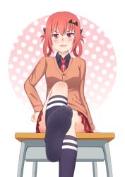 Rule 34 | 1girl, blue socks, blush, desk, fang, feet, female focus, foot focus, from below, gabriel dropout, hand on own hip, highres, kneehighs, leg up, long hair, looking at viewer, lululewd, no shoes, open mouth, pov, red eyes, red hair, satanichia kurumizawa mcdowell, sitting, smile, socks, soles, solo, toes, twintails