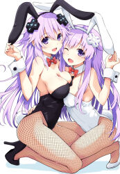 Rule 34 | 2girls, :d, ;d, adult neptune, animal ears, bare shoulders, black footwear, black leotard, blush, bow, bowtie, breasts, cleavage, collar, commentary request, d-pad, d-pad hair ornament, detached collar, fake animal ears, fishnet pantyhose, fishnets, full body, hair between eyes, hair ornament, hand on another&#039;s back, hand up, high heels, highres, iwashi dorobou -r-, kneeling, large breasts, leotard, long hair, looking at viewer, multiple girls, nepgear, neptune (series), one eye closed, open mouth, pantyhose, playboy bunny, purple eyes, purple hair, rabbit ears, rabbit tail, red bow, red bowtie, shadow, simple background, smile, strapless, strapless leotard, tail, very long hair, white background, white collar, white footwear, white wrist cuffs, wrist cuffs