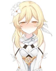 Rule 34 | 1girl, blonde hair, blush, breasts, cleavage, closed mouth, detached sleeves, dress, flower, genshin impact, hair between eyes, hair flower, hair ornament, half-closed eyes, looking at viewer, lumine (genshin impact), medium breasts, nose blush, orange eyes, sbs, short hair with long locks, simple background, solo, upper body, white background, white dress, white flower