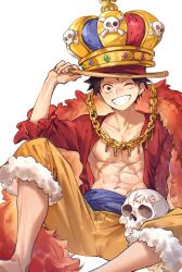 Rule 34 | 1boy, abs, barefoot, black hair, blue sash, brown eyes, cape, chain, chain necklace, crown, facial scar, fur-trimmed shorts, fur cape, fur trim, gold chain, grin, hat, highres, jewelry, jolly roger, jyukawa, looking at viewer, monkey d. luffy, necklace, one eye closed, one piece, open clothes, open shirt, red cape, red shirt, sash, scar, scar on cheek, scar on face, shirt, short hair, shorts, simple background, sitting, skull, smile, solo, straw hat, teeth, toned, toned male, waist sash, white background, yellow shorts
