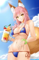 Rule 34 | 1girl, animal ears, bangle, bare arms, bare shoulders, bikini, blue bikini, blue sky, bracelet, breasts, chocolate, cleavage, cloud, commentary request, cowboy shot, cup, day, drink, drinking glass, fate/grand order, fate (series), food, fox ears, fox tail, from below, fruit, glint, hair over shoulder, holding, holding cup, jewelry, kitagawa onitarou, large breasts, lips, long hair, looking at viewer, looking down, low-tied long hair, lowleg, lowleg bikini, nail polish, navel, necklace, orange ribbon, outdoors, pink hair, pink nails, ribbon, side-tie bikini bottom, sky, smile, solo, standing, stomach, strawberry, string bikini, sunlight, swimsuit, tail, tamamo (fate), tamamo no mae (fate/extra), tamamo no mae (swimsuit lancer) (fate), tamamo no mae (swimsuit lancer) (third ascension) (fate), thighs, underboob, yellow eyes