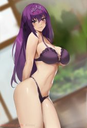 Rule 34 | 1girl, arms behind back, blush, bra, breasts, curvy, fate/grand order, fate (series), hair ornament, head tilt, highleg, highleg panties, kisou (kisou00), large breasts, lingerie, long hair, looking at viewer, panties, purple hair, red eyes, scathach (fate), scathach skadi (fate), smile, solo, stomach, underwear