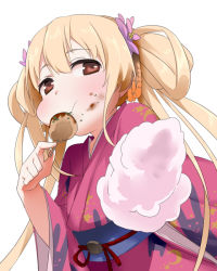 Rule 34 | 10s, 1girl, blonde hair, brown eyes, cotton candy, dirty, eating, food, food on face, futaba anzu, idolmaster, idolmaster cinderella girls, japanese clothes, kimono, long hair, looking at viewer, nemeko, outstretched arm, puffy cheeks, solo, takoyaki, twintails