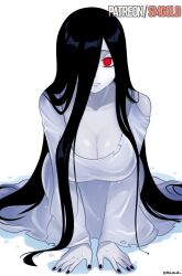 1girl artist_name black_hair black_nails breasts cleavage dress ghost ghost_girl glowing glowing_eye hair_over_one_eye highres large_breasts long_hair looking_at_viewer nail_polish one_eye_covered patreon_username red_eyes smgold solo the_ring very_long_hair white_background white_dress yamamura_sadako