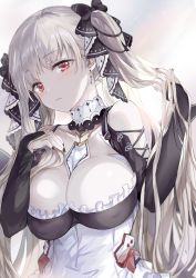 Rule 34 | 1girl, azur lane, bare shoulders, between breasts, black dress, black nails, blush, breasts, cleavage, commentary request, dress, earrings, formidable (azur lane), frilled dress, frills, grey hair, hair ribbon, hand in own hair, highres, jewelry, korean commentary, large breasts, long hair, long sleeves, looking at viewer, nail polish, red eyes, ribbon, rigging, saya (mychristian2), solo, twintails, two-tone dress, two-tone ribbon, upper body, very long hair