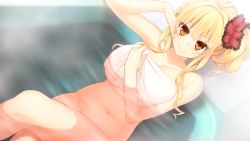 Rule 34 | 1girl, agekichi, asato anri, bath, bathroom, bathtub, blonde hair, breasts, closed mouth, covering privates, covering breasts, crossed legs, female focus, folded ponytail, from above, game cg, giuniu, hand on own chest, hand up, indoors, kenja no okuri imouto, large breasts, legs, long hair, looking at viewer, lying, naked towel, navel, nude, orange eyes, original, partially submerged, sitting, smile, solo, steam, thighs, towel, water, wet