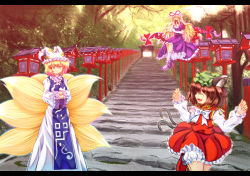 Rule 34 | 3girls, animal ears, blonde hair, bloomers, bow, brown hair, cat ears, cat girl, cat tail, chen, closed eyes, earrings, elbow gloves, fang, female focus, forest, fox tail, gap (touhou), gloves, hair bow, hands in opposite sleeves, hat, hat ribbon, high heels, jewelry, lamppost, letterboxed, long hair, multiple girls, multiple tails, nature, path, qontamblue, ribbon, road, shoes, short hair, stairs, tail, touhou, tree, underwear, yakumo ran, yakumo yukari, yellow eyes