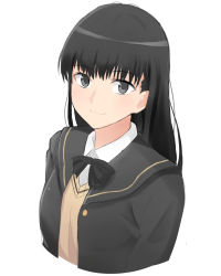 Rule 34 | 1girl, amagami, ayatsuji tsukasa, bad id, bad pixiv id, black bow, black hair, black jacket, blazer, blunt bangs, bow, bowtie, cropped arms, cropped torso, grey eyes, grey sweater, highres, jacket, long hair, looking at viewer, open clothes, open jacket, shirt, simple background, smile, solo, sweater, ucukrtz, upper body, white background, white shirt